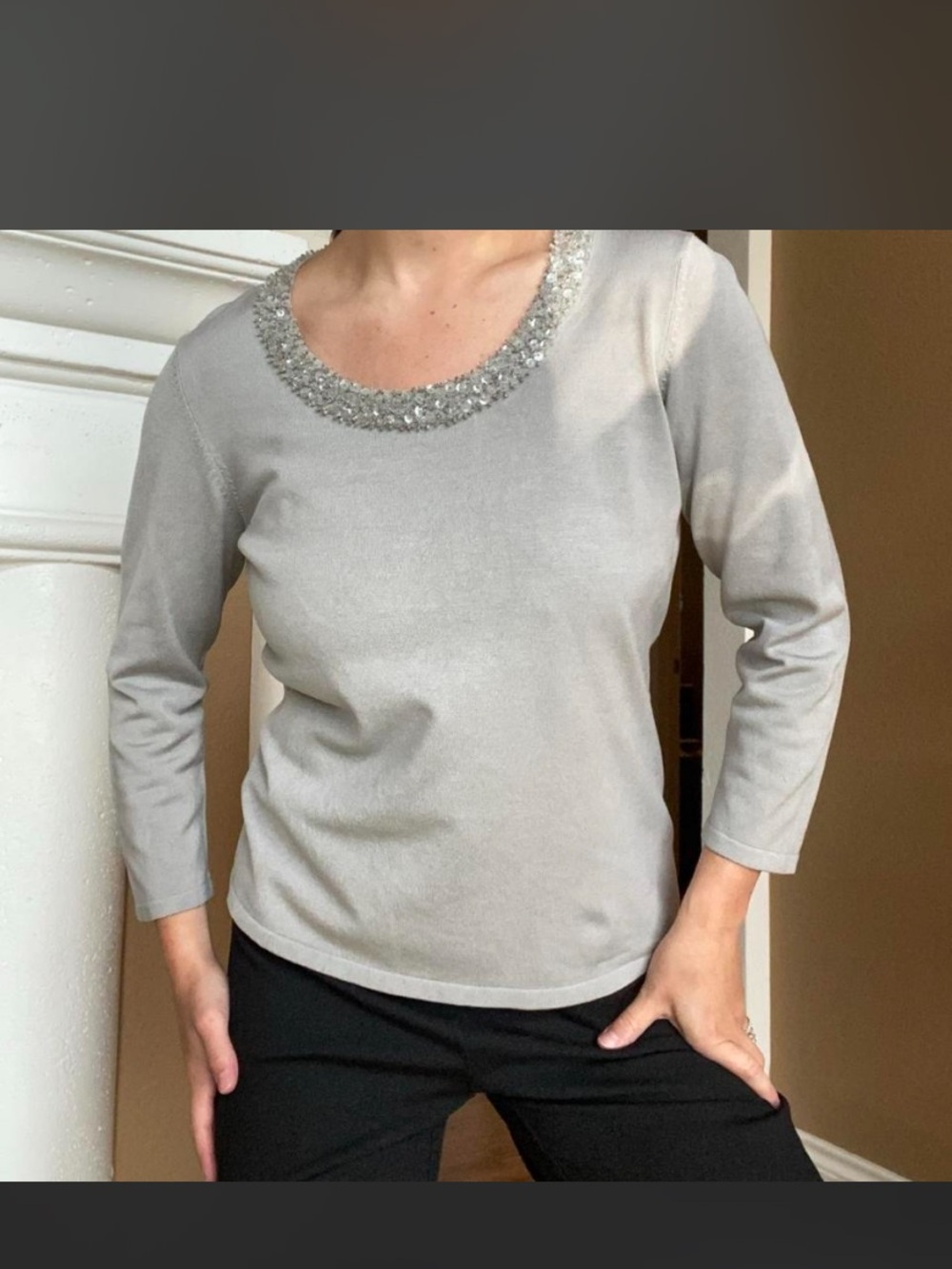 Talbots Light Gray Sequin Embellished Scoop Neck Long Sleeve Top
